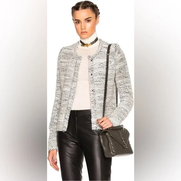 IRO Carene Knotted Boucle Knit Gray Wool Blend Snap Button Jacket Sz FR 40/US 8 - Picture 3 of 12